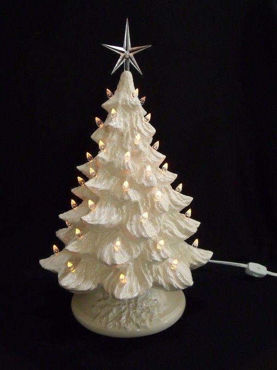 White Ceramic Christmas Tree with Clear Bulbs 11” tall