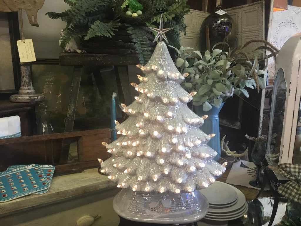 Ceramic White Christmas Tree, With Light Base